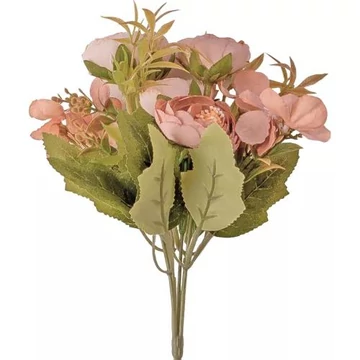 5 ágú hortenziás tearózsa selyemvirág csokor, 25cm magas - Púder rózsaszín  AF053-03