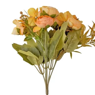 5 ágú hortenziás tearózsa selyemvirág csokor, 25cm magas - Sárgás barack  AF053-02