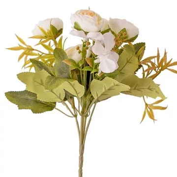 5 ágú hortenziás tearózsa selyemvirág csokor, 25cm magas - Fehér  AF053-04