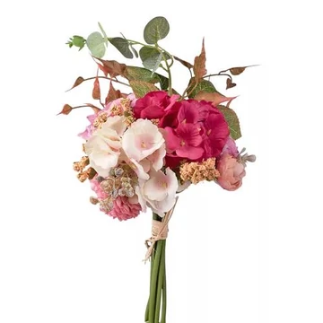 Selyemvirág csokor rózsával, hortenziával, eukaliptusszal, 39cm magas - Pink  AF161-01