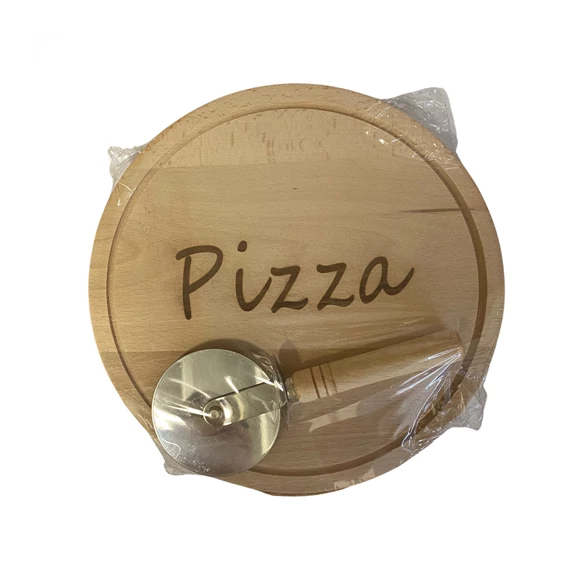 Fa pizzatál feliratos 30cm+pizzavágó